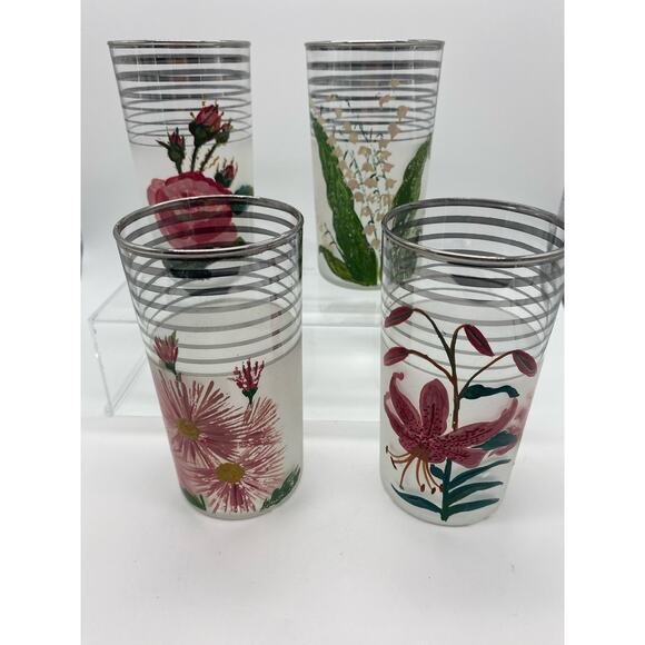 Vintage frosted glasses‎ with silver striping Hand painted flowers - Picture 1 of 6